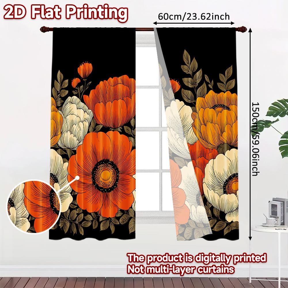2D FLAT PRINTING 2pcs Curtains (Without Rod) Floral Pattern in Orange and White Modern Fashionable Curtainments during the