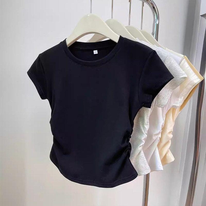 

Short-Sleeve Cotton T-Shirt for Women, 2026 Summer New Style, Round Neck, Slim Fit, Suitable for Petite Sizes 150cm, Trendy Ins Style Black S