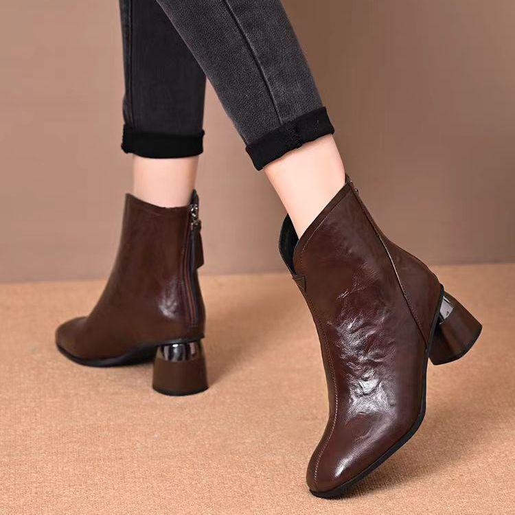 Women's British Style Soft Leather Square Toe Ankle Boots - Chunky Heel, Versatile, Comfortable, Warm, Autumn/Winter 2025.