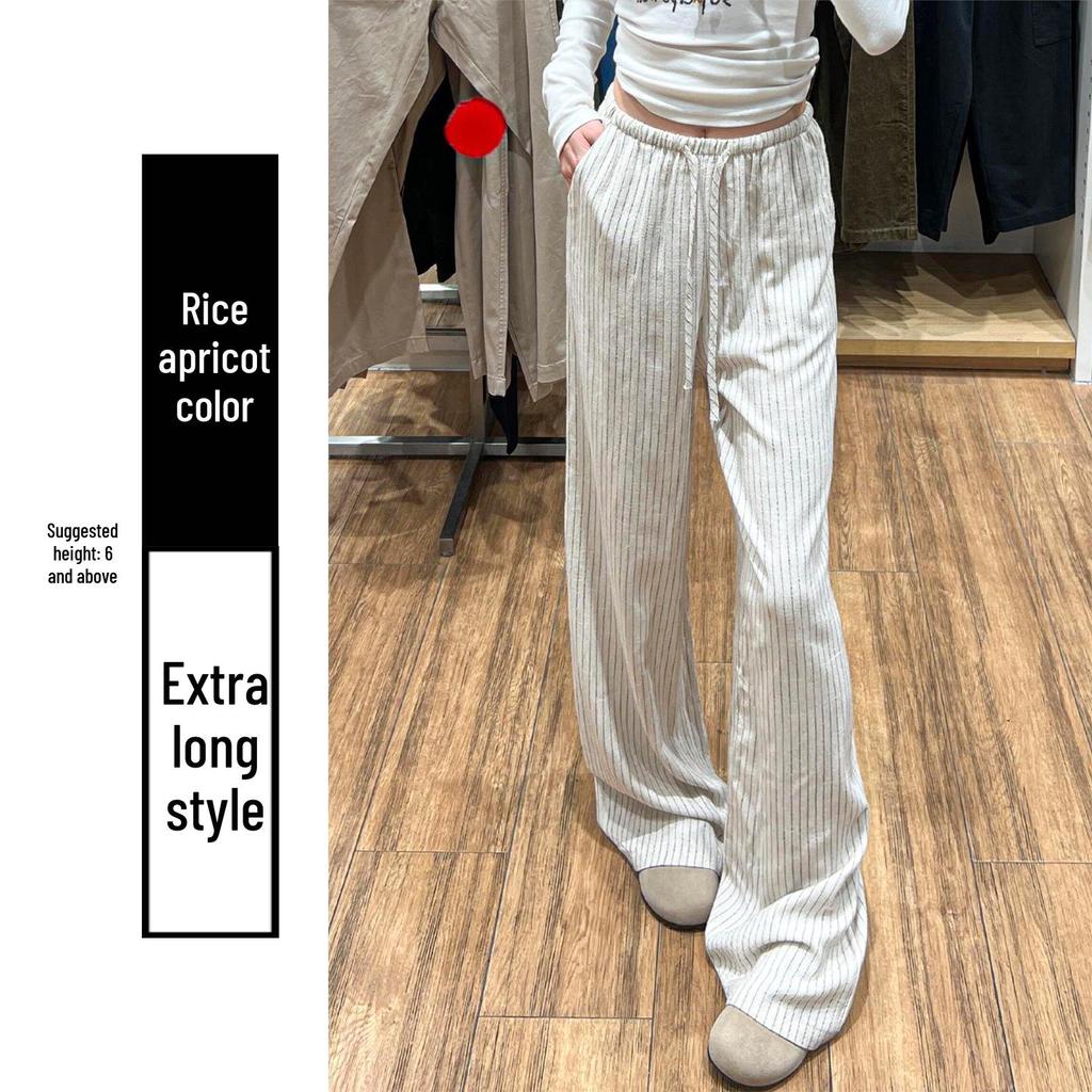 Apricot Striped Linen Wide-Leg High-Waisted Pants for Women - Slimming, Loose, and Casual for Spring 2026.