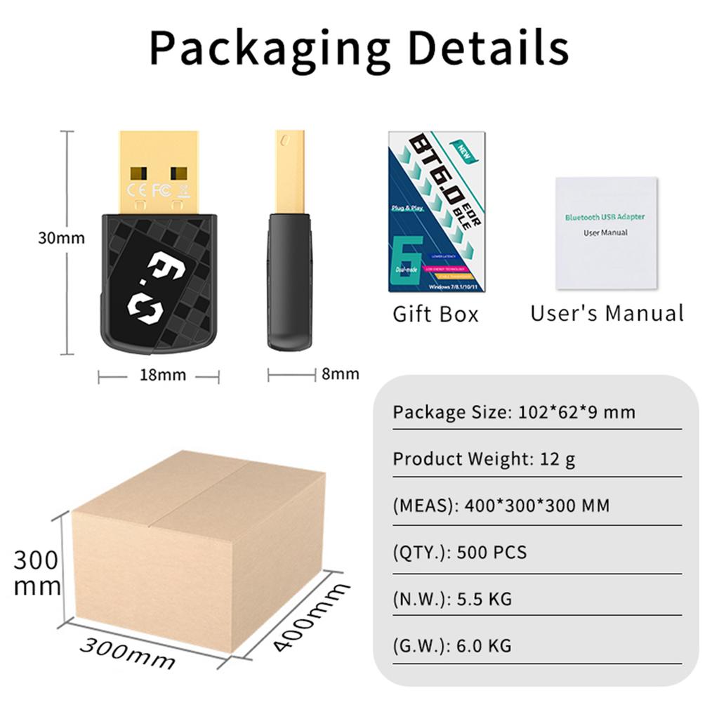 Bluetooth-compatible 6.0 USB Wireless Audio Adapter Plug & Play Dongle Adapter for Headset Speaker Keyboard Mouse Printer