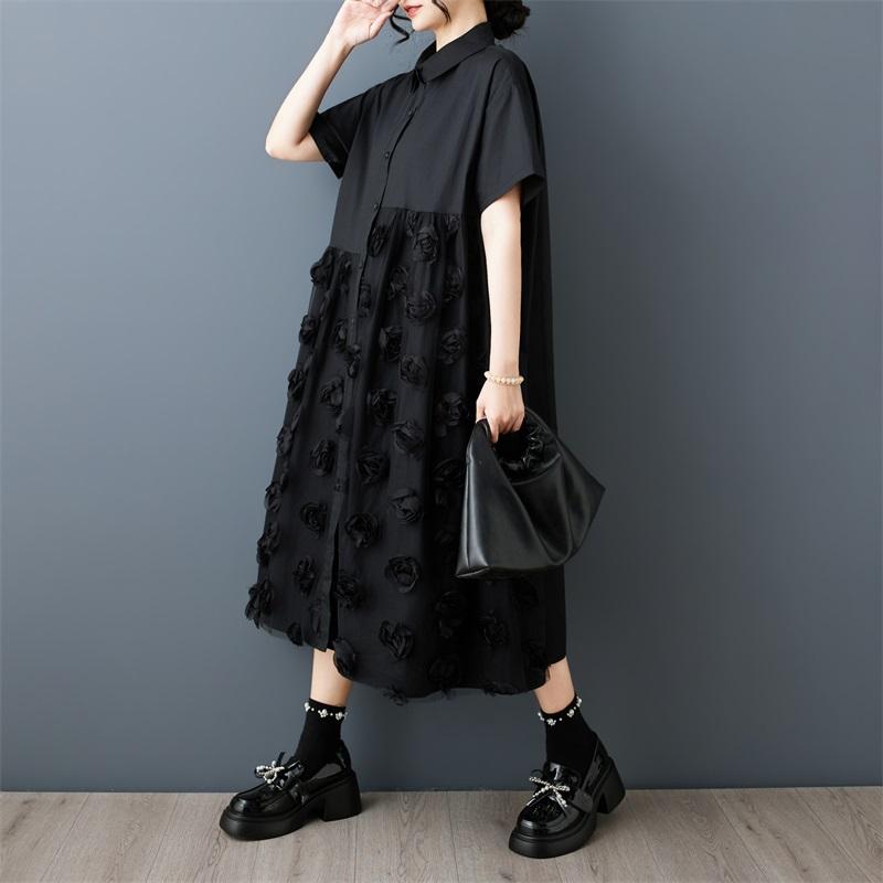 short sleeve Plus size vintage cotton Mesh patchwork floral new in dresses for women casual loose long summer shirt dress