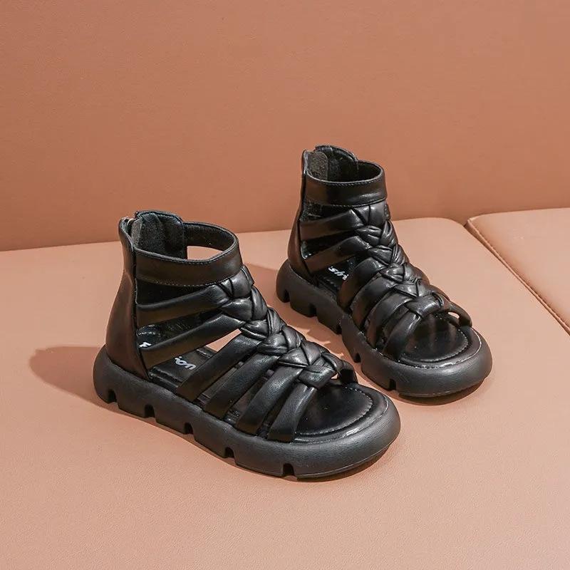 2024 Summer New Korean Style Kids Fashion Sandals Children's Fashion Weave Back Zipper Girls Roman Shoes Classic Open-toe Casual