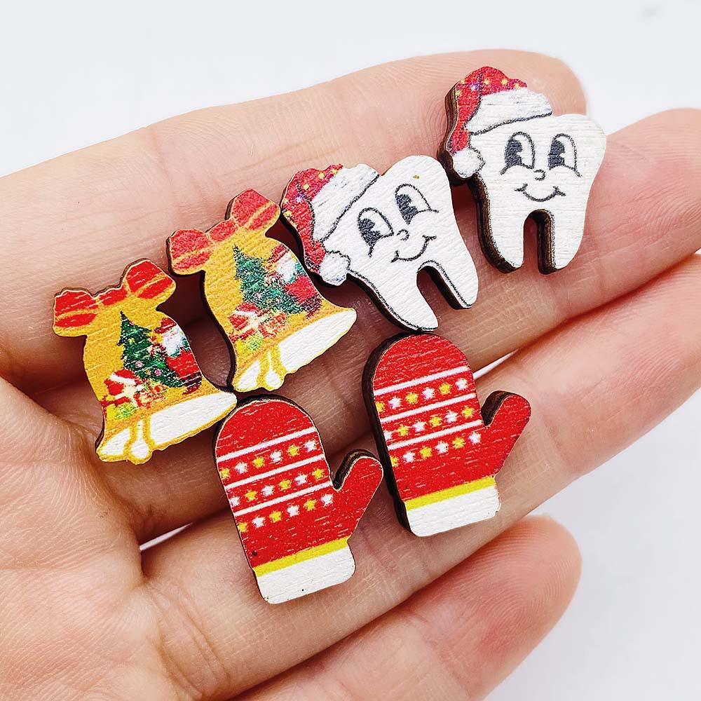 Christmas Wooden Stud Earrings Set: Bell, Santa Hat, and Gloves - Festive Holiday Jewelry Trio