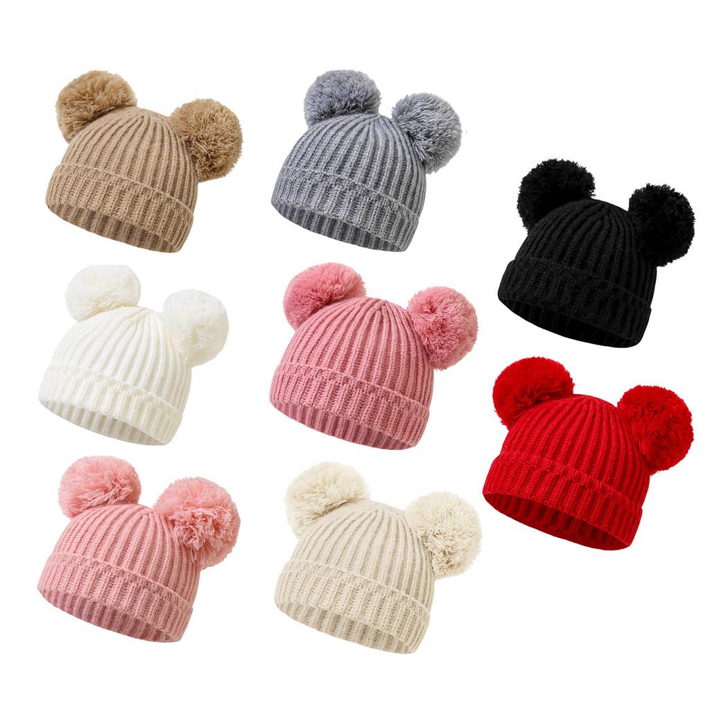 0-1 Years Old Baby Hat Autumn Winter Cute Warm Knitted Hats Solid Colour Casual Large Fur Ball Design Newborn Boys Girls Caps