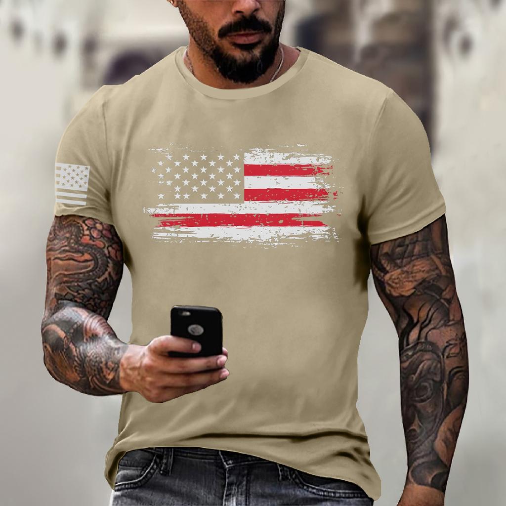 Men's Fashion Casual Short Sleeve Round Neck Independence Day Flag T-Shirt Top