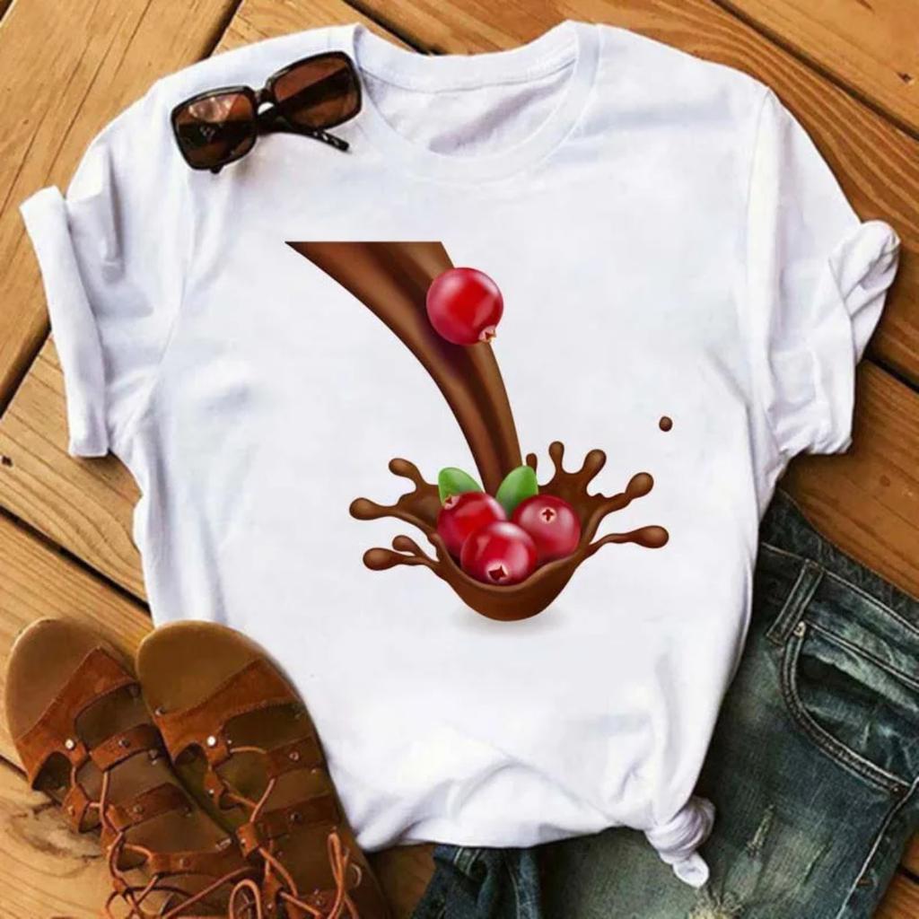 New Kawaii Fruits Strawberry Print Unisex Tshirt Tops Casual Female Shortsleeved Streetwear Black Round Neck Oversized Tshirts