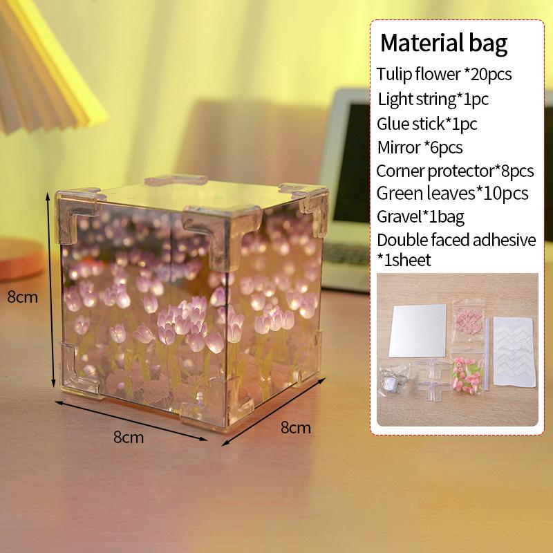 DIY Tulip Mirror Cube Lamp Handmade Craft Tulips Night Light Simulation Flower DIY Material Valentine's Day Decor Birthday Gifts