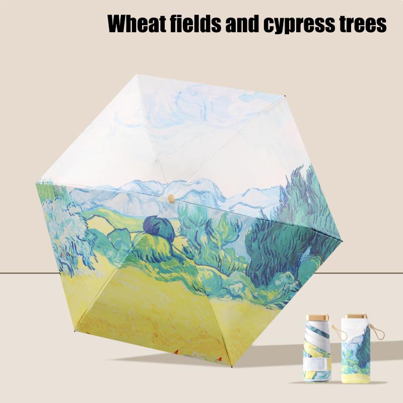 Oil Painting Sunscreen Parasol Outdoor Convinient Five Folding Umbrella With Uv Protection Portable Stylish Women'S Sun Umbrella