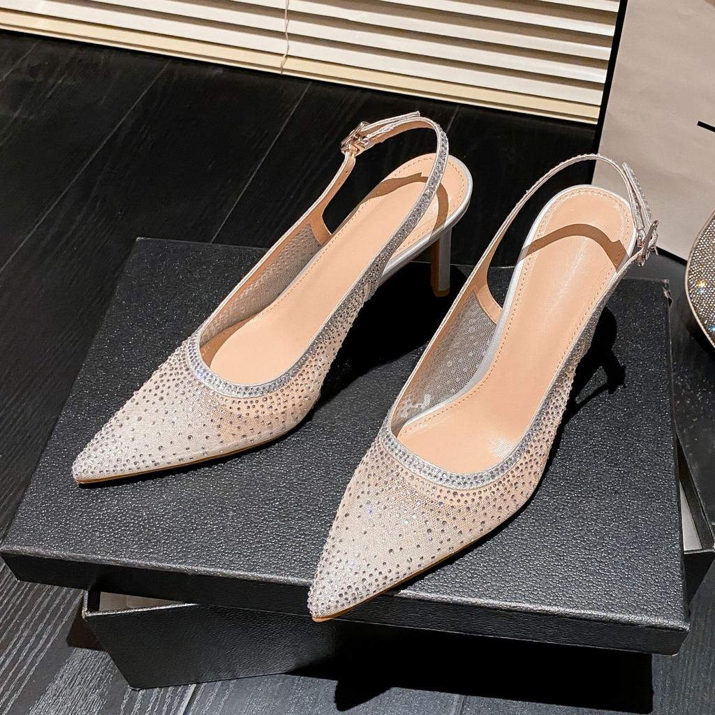 Pointed mesh rhinestone thin heel sandals women's 2025 summer new temperament Baotou beautiful high heels French single shoes