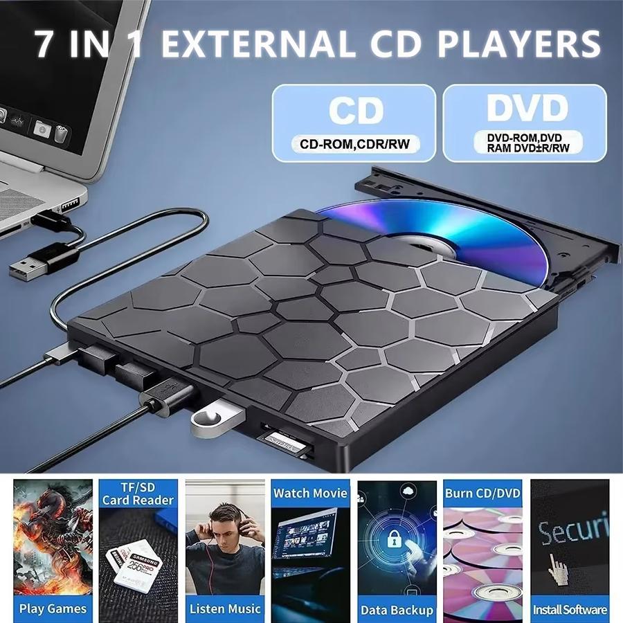 7-in-1 External DVD RW CD Player Optical Drives USB 3.0 Type-C DVD Burner Recorder Reader Disk Drive for Notebook Laptop Desktop