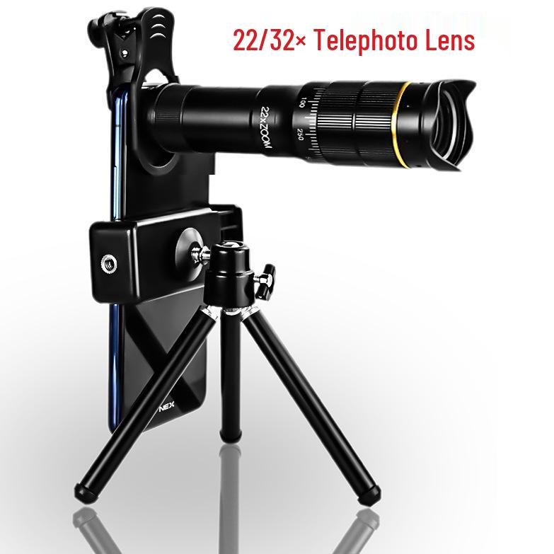 4K Mobile Phone Telephoto Lens: 22/32× Zoom for HD Photography & Video 25x Black Metal + Phone Clip + Eye Mask + Gift Box