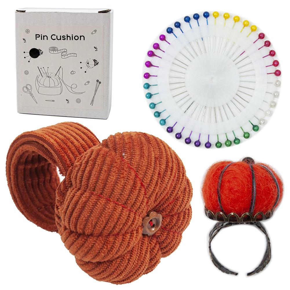 Pumpkins Wrist Pin Cushion Set With Snap-Pop Rings Needle Storage Pin Holder DIY Handcraft Sewing Accessories Kit For Needlework