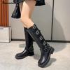 Fashion Ins Style Fashion Metal Buckle Real Leather Women Motorcycle Boots Vintage Autumn Winter Gothic Platform Knee-high Boots Shoes