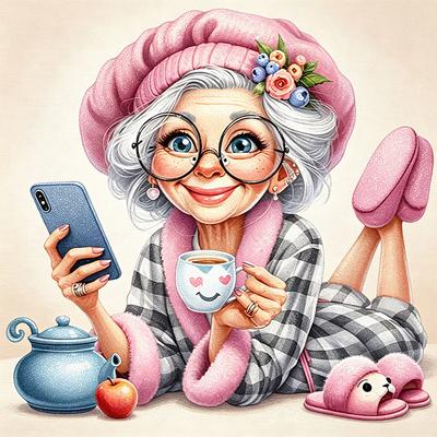 5D Diamond Painting Full Drill Cute Elderly Lady Using Phone Diamond Art DIY Craft Home Wall Decor Relaxed Lifestyle Gift