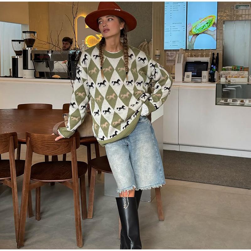 Contrast Jacquard Round Neck Sweater Women's Fashion All-match Green Sweater Diamond Style Sweater Women's Soft Skin-friendly Pullover