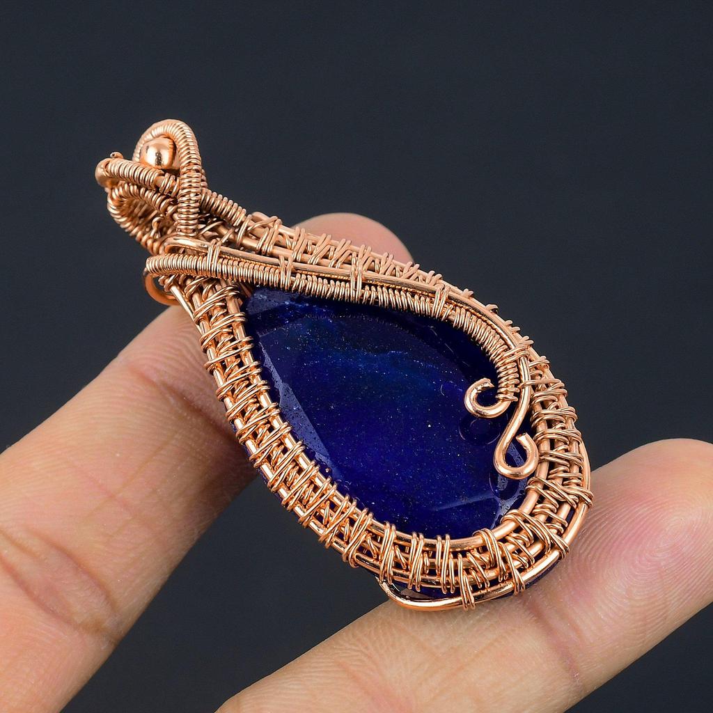 Blauer Saphir Anhänger, Handgefertigter Edelsteinanhänger, 999 Kupferdraht gewickelter Anhänger Antikschmuck, Für Verlobungsgeschenk