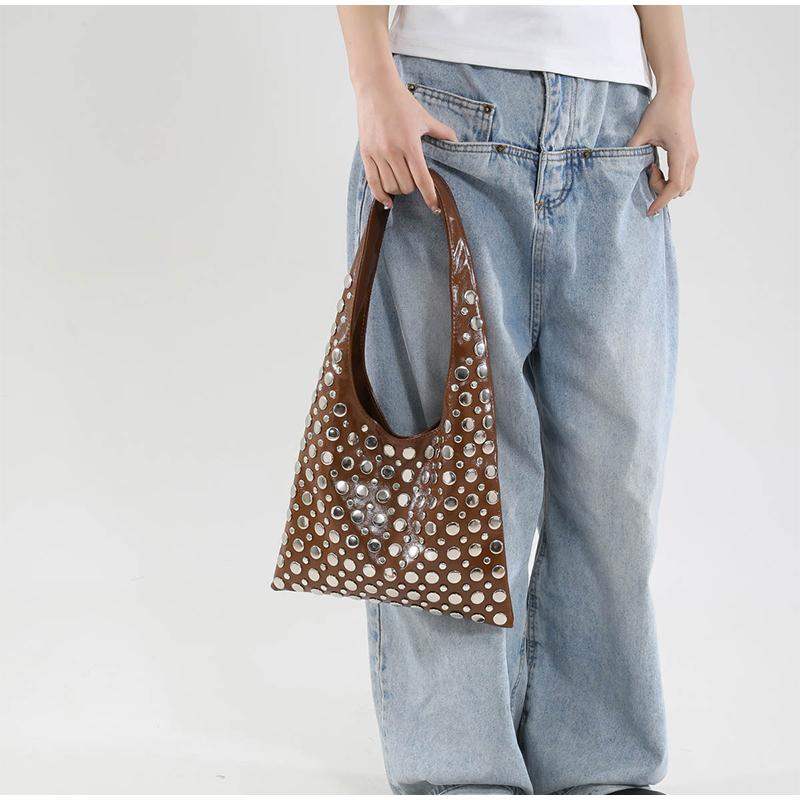 New Summer Rivet Shoulder Bag2026 Brand Fashi High-end Quality Leather Versatile Cool Solid Color Commuter Bucket Underarm Bag