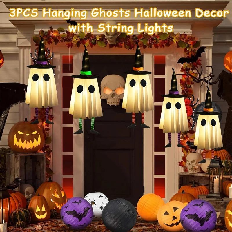 Halloween Hanging Ghosts, Halloween Decorations Outdoor Hanging Ghosts with Witch Hat for Yard Patio Garden Tree Outside