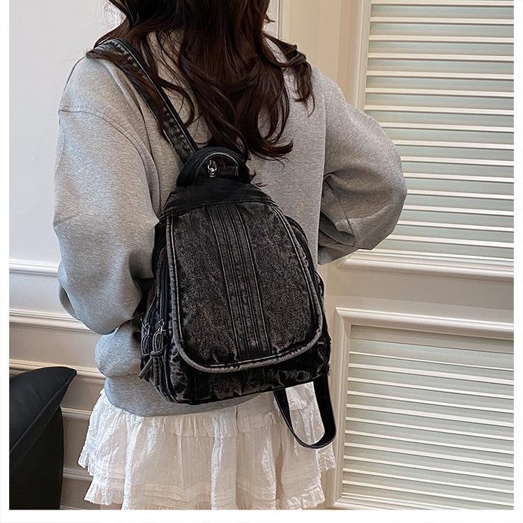 Washed denim backpack women go out small backpack