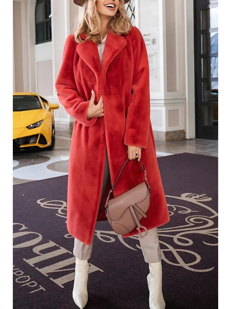 

2024 Autumn/Winter Women s Fashion Elegant Tie-Up Lapel Plush Long Coat L червоний