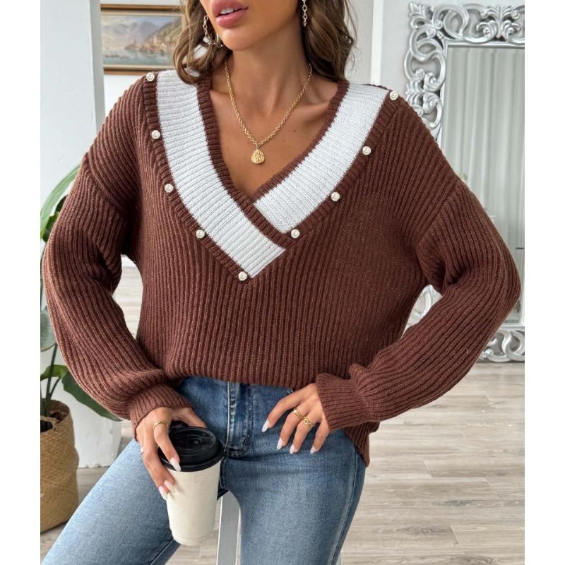 Women S Loose Fit V Neck Beaded Long Sleeve Pullover Sweater