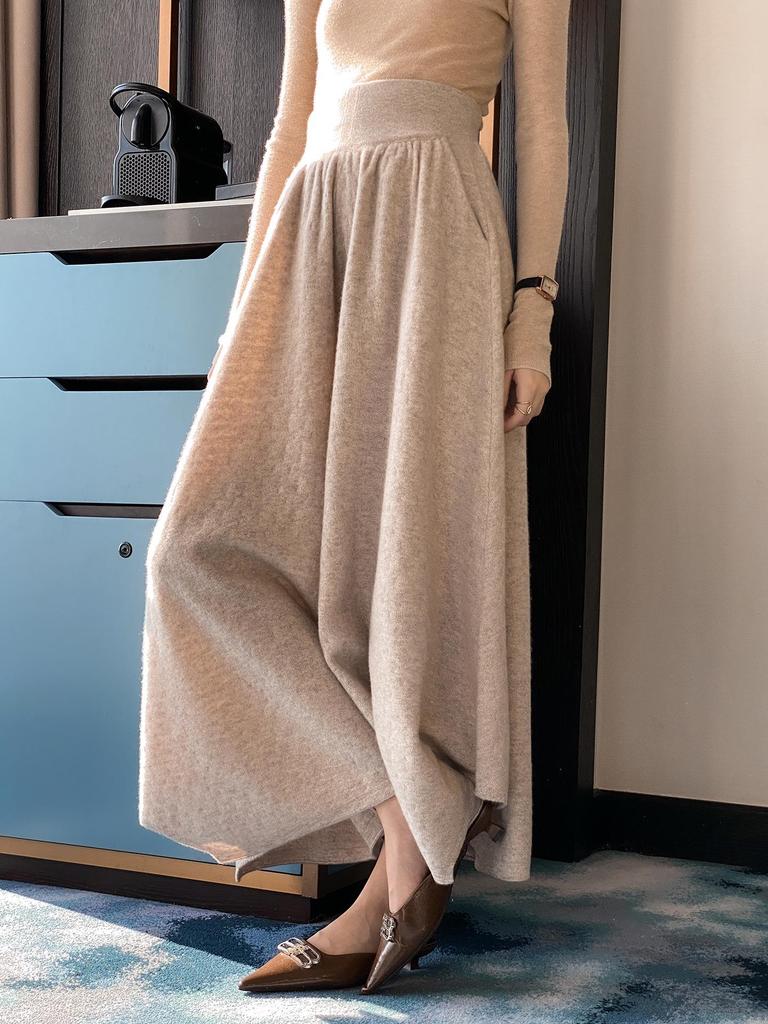 Elegant High-Waisted Wool Skirt Pants - Women's Wide-Leg, Solid Color, Knitted Trousers for Autumn & Winter