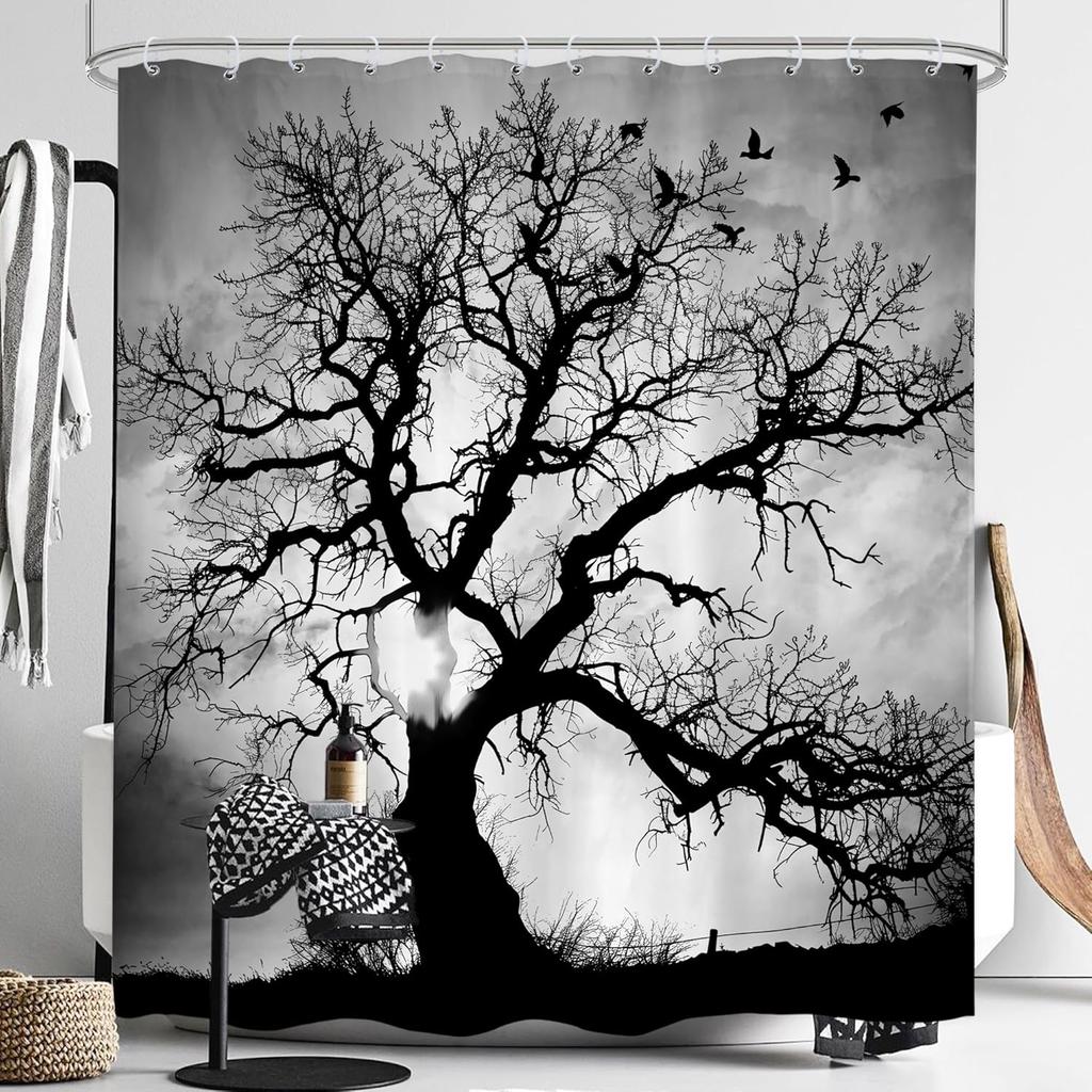 Czarny Kot Księżyc Zasłona Prysznicowa Mistyczna Noc Kwiat Wiśni Kwiatowy Gotycki Nowoczesny Estetyczny Tkanina Wodoodporny Poliester