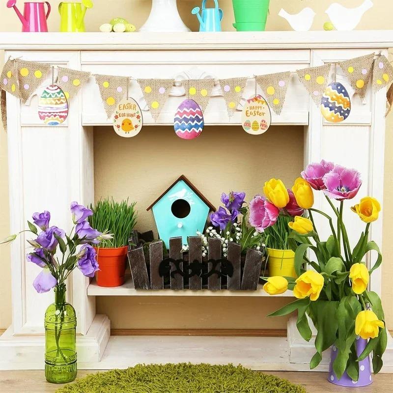 10pcs Easter Egg Unfinished Wood Ornaments Wood Slices DIY Crafts Unfinished Wooden Easter Ornaments with Hemp Rope for Easter