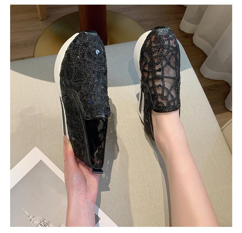 Spring Korean version of the new lace mesh 2025 casual foot cover high heel inner height increase muffin sole women's single shoes