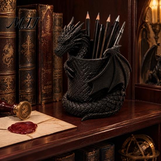 Detailed Sculpture Pen Stand 3D Printed Gothic Dragon Holder, Coiled Figurine Stationery Cup, Office Decor Fantasy Desk Organizer, Halloween Tabletop