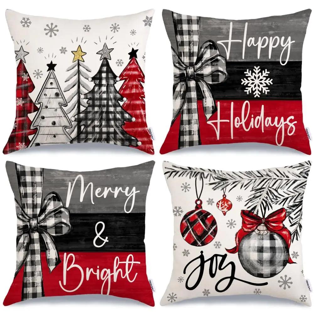 4Pc Christmas Pillow Covers Santa Claus And Snowman Hello Winter Design Zipper Closure Cushion Cover Home Decor Pillowcase