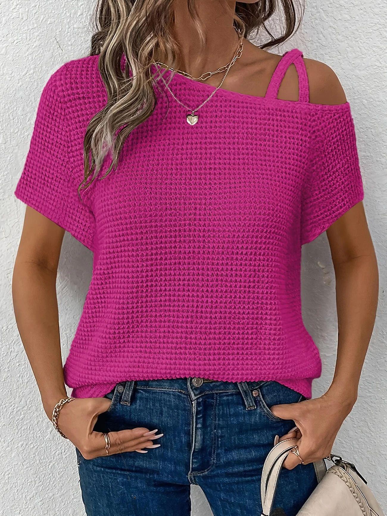 

2025 Women s European & American Off-Shoulder Knit Top - Summer Short-Sleeved Solid Color Fashion 3XL