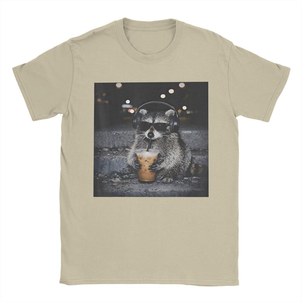 Raccoon Drinking Iced Coffee Funny Animal Meme TShirt Summer Pure Cotton TShirts For Unisex Fashion Design Tshirt Short Sleeve