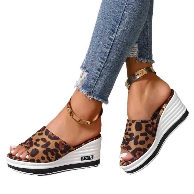 Ladies Shoes Summer Hot Sale Peep Toe Slippers Women Fashion Plus Size Casual New Leopard Print Women's Platform Wedge Sandals