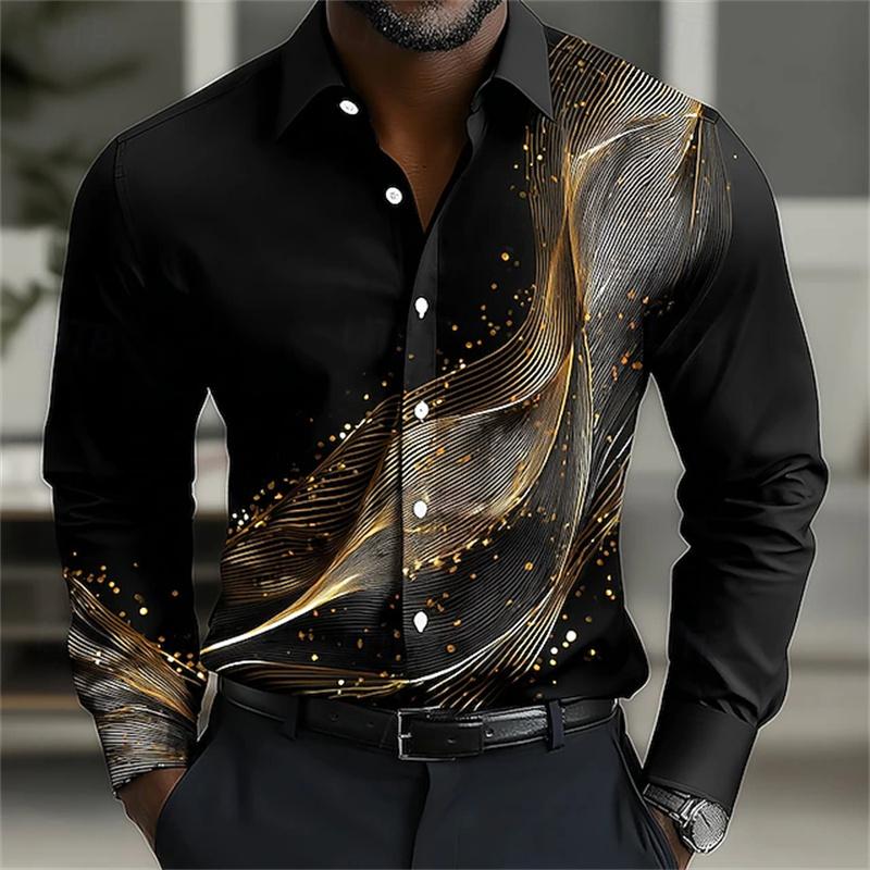 Men's long-sleeved shirt, stylish geometric print shirt, business casual slim-fit long-sleeved collared shirt for men.