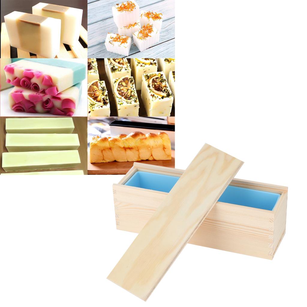 DIY Rose Pattern HandMade Bread Soap Mould Silicone Liner Mold Cake Making Wooden Box(Sky Blue