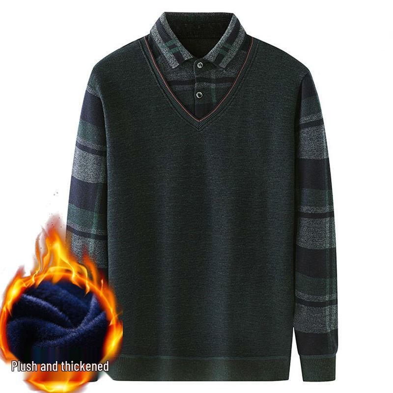 

Dad s Faux Two-Piece Velvet Sweater - Men s Warm Winter Shirt for Middle-Aged and Elderly 2XL for 150-170 lbs