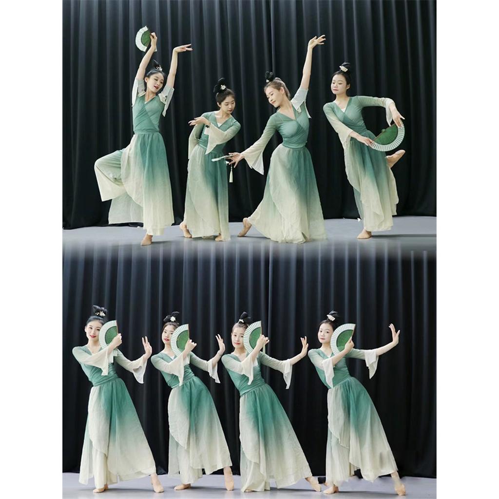 Chinesisches Klassisches Tanzkostüm für Damen, Farbverlauf Grün Weiß Fließendes Chiffon Übungsoutfit Mit Schlagärmeln