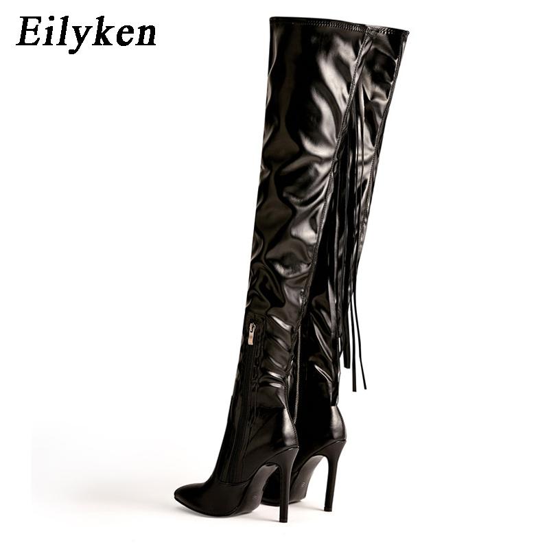 Eilyken New Fashion Designer Tassel Thigh High Top Women Sexy Pointed Toe Zip Over the Knee Stiletto Heels Size 35 42