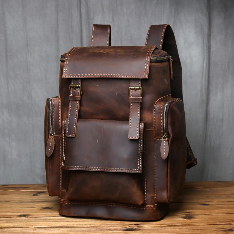 NZPJ Men's Retro Large Capacity Leather Backpack Genuine First Layer Natural Cowhide Travel Laptop Bag