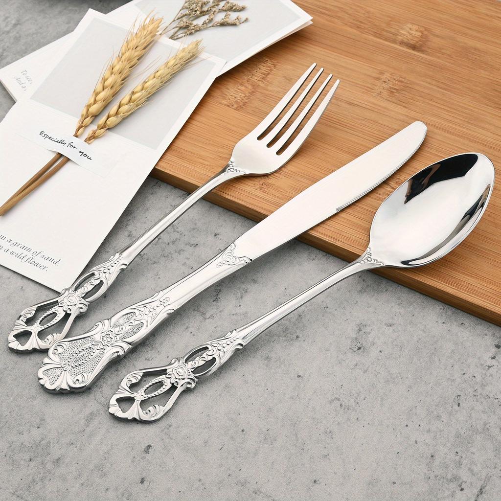 Set 24 buc Tacâmuri din Oțel Inoxidabil Lustruit Oglindă, Veselă Stil Crown Court, Formă Vintage, Argintărie Bucătărie Restaurant