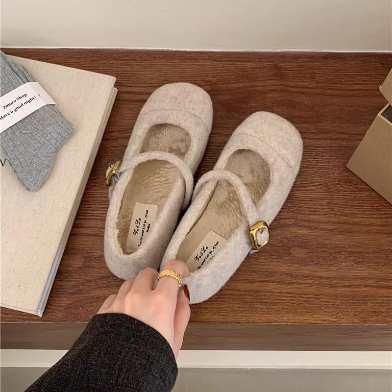 Fairy Foreign Style Fluffy Shoes Female Winter Wear French Evening Temperament Women Velvet Mary Jane Single Shoes Flat Cotton Shoes