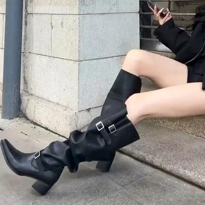 Winter Punk Style Women Knee-High Boots Designer Square Heels Buckle Strap Shoes Ladies Booties