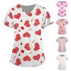 Women V Neck Medical Scrub Top Short Sleeve Nurse Uniform Shirt with Heart Pattern Printed Design for Healthcare Professionals
