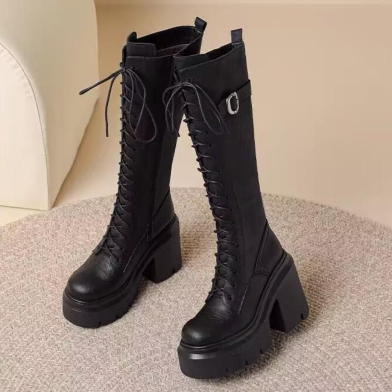 Knight Boots Women Autumn Winter Round Toe Side Zip Lace-Up Belt Buckle Skinny Platform Heels