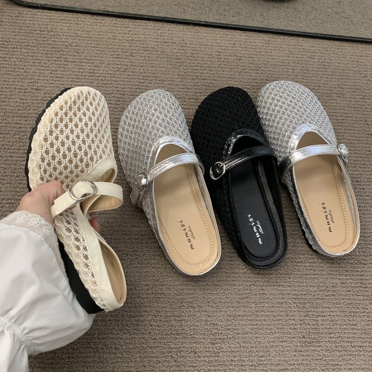 Cool summer niche woven mesh breathable flat bottom bag head half support shoes women's 2025 new one-pedal sandals