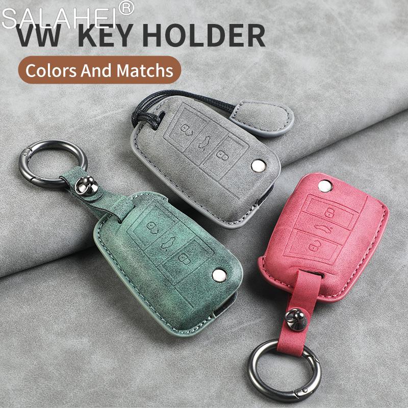 Schaffell Leder Auto Schlüssel Fall Abdeckung Fob Für VW Volkswagen Polo Tiguan Passat Golf MK Jetta Skoda Kodiaq Superb Octavia Seat