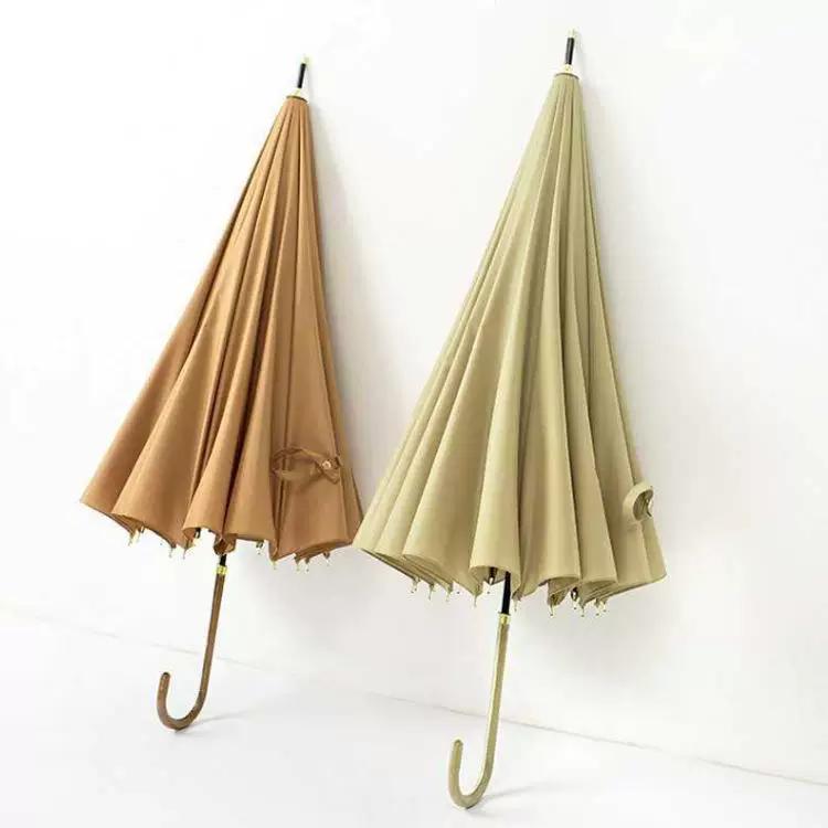 16-Rib Umbrella with Japanese-Style Fresh Design, Leather Handle, Curved Hook, Straight Pole, Large Double-Person Umbrella for Sun and Rain, Gift or