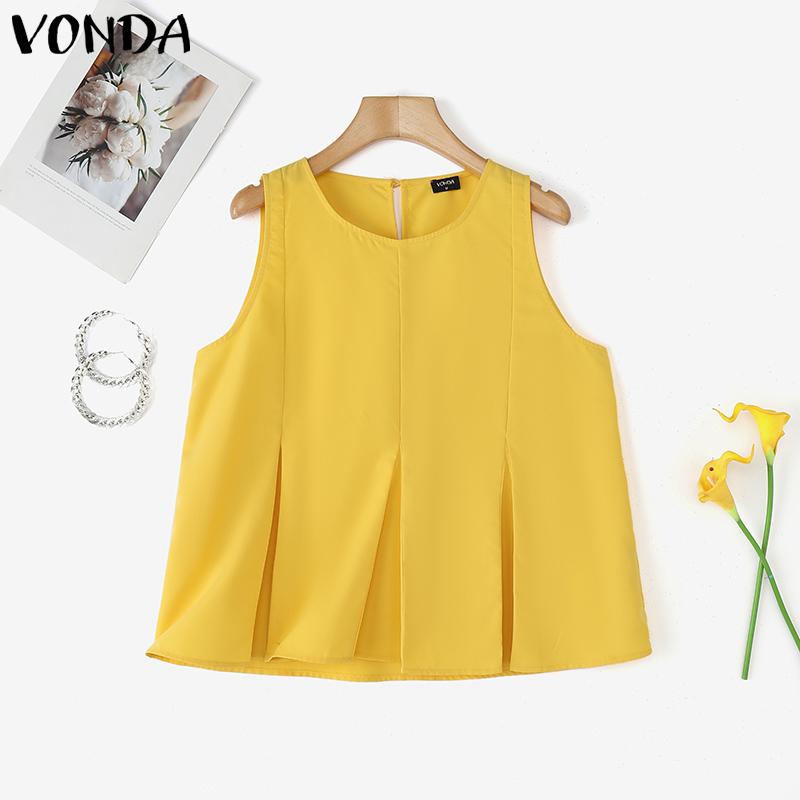 VONDA Sommer Damen O-Ausschnitt Ärmellos Plissiert Lässige Tanktops